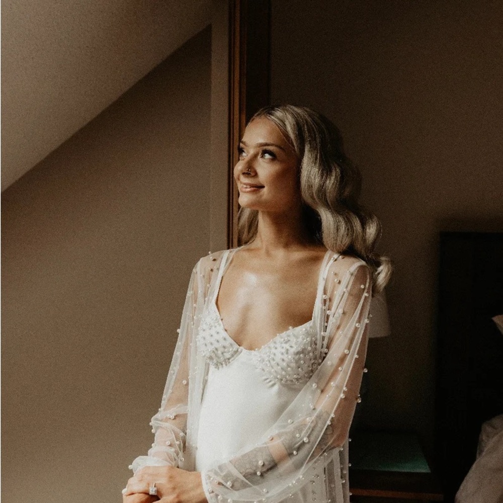 Elegant White Sheer Pearl-Embellished Robe